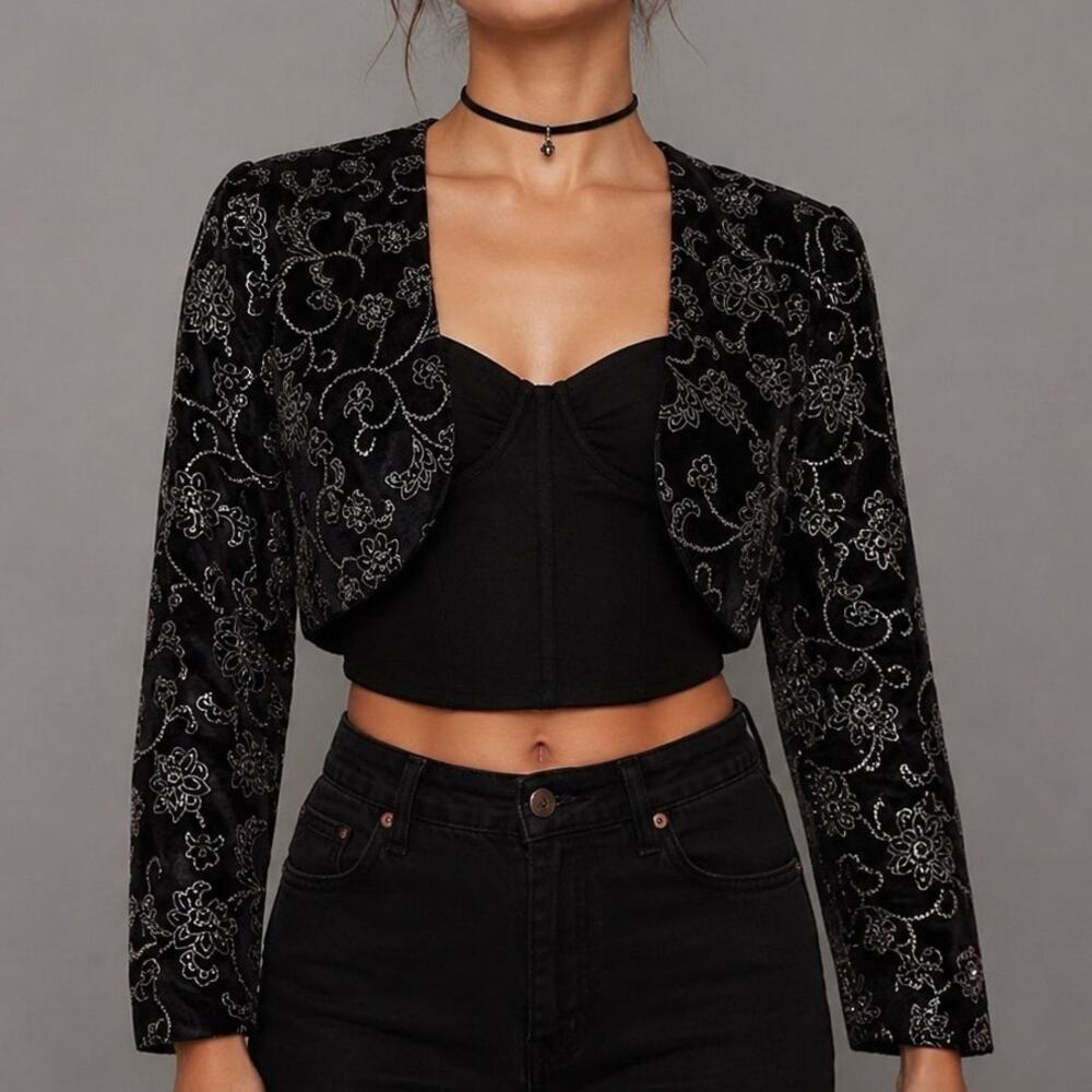 Vintage Scott McClintock Velvet Embroidered Cropped Black Bolero Jacket Small